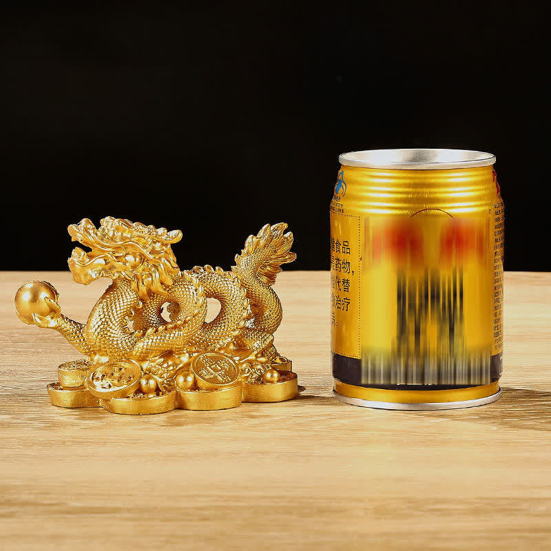 Dragon Copper Coin Decoration - Golden dragon figurine with can for size reference, compact decor