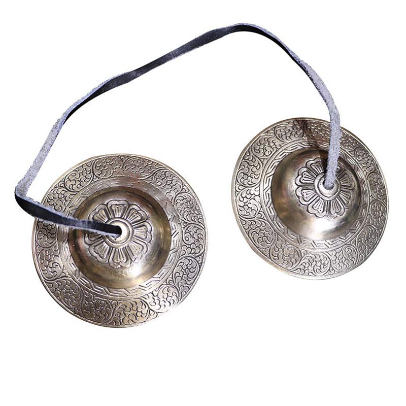 Tibetan Tingsha Bells – Antique finish pair with embossed lotus and scrollwork borders, spiritual chimes