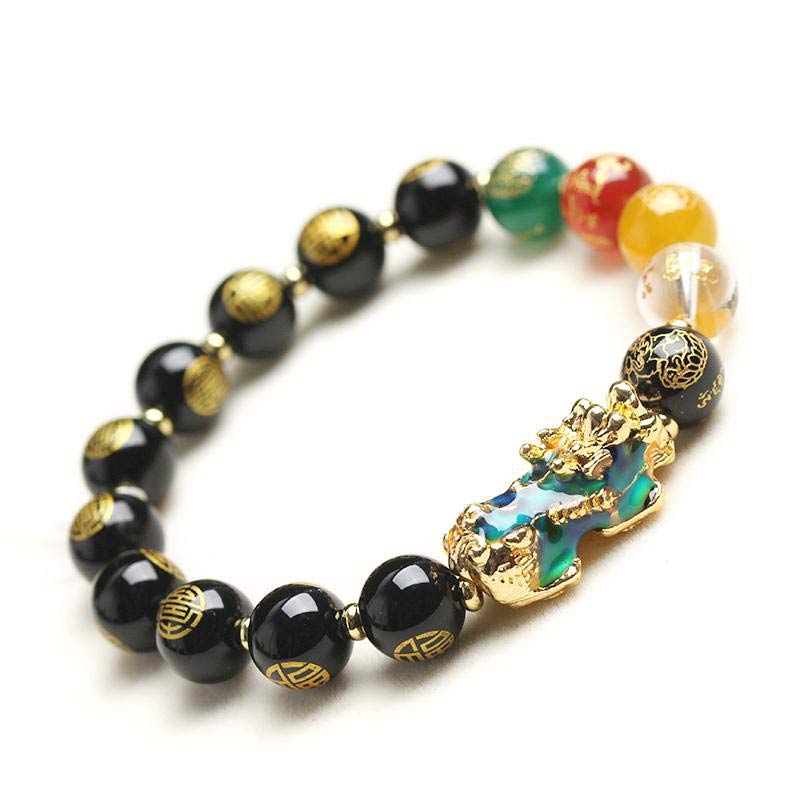 Color-Changing Pixiu Bracelet – Side angle showing five-color beads on white, wealth