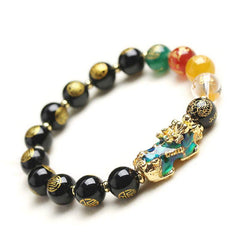 Color-Changing Pixiu Bracelet – Side angle showing five-color beads on white, wealth