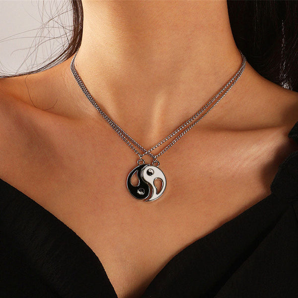 Yin Yang Pendant Couple Necklace Set - Model wearing layered yin-yang couple necklaces, balance harmony soulmates jewelry ...