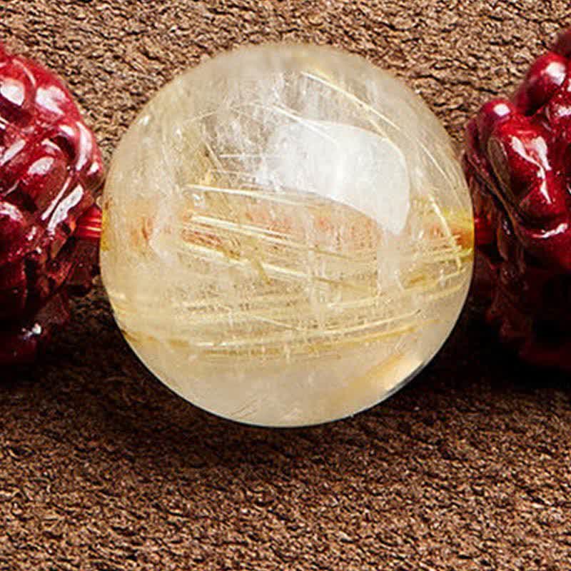 Gold Sheen Obsidian Pixiu Bracelet – macro golden rutilated quartz bead with golden needle inclusions between cinnabar pixiu