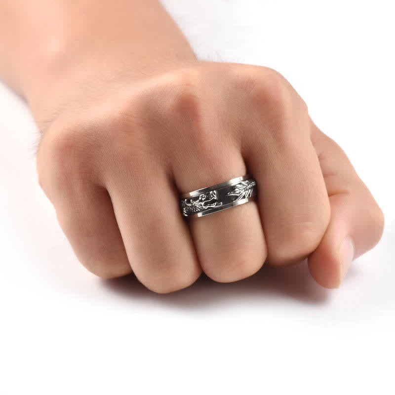 Dragon Titanium Steel Ring – Oxidized silver spinner on white, powerful