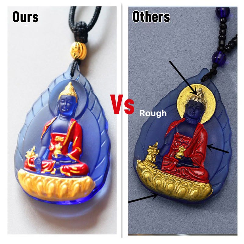 Liuli Crystal Medicine Buddha Pendant – quality comparison showing ours vs rough competitor, craft detail