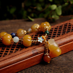 Golden Silk Jade Bracelet – Pixiu pendant blue flower charm carved wood, lucky detail shot