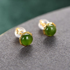 925 Sterling Silver Plated Gold Natural Hetian Cyan Jade Bead Luck Stud Earrings