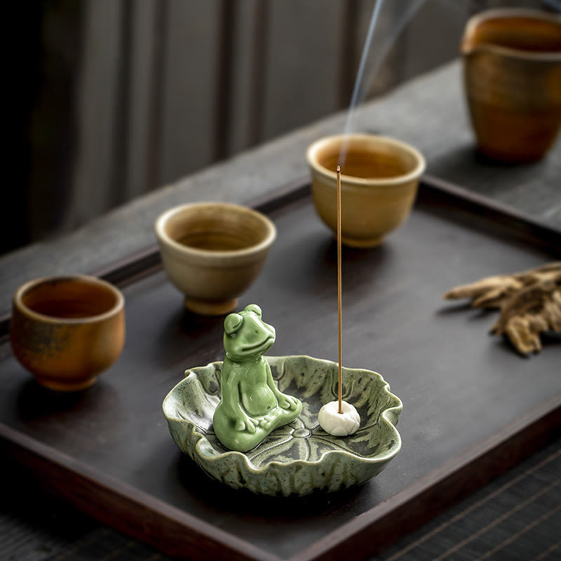 Ceramic Frog Incense Burner – Tea ceremony setting with cups, smoke, Ritual aesthetic