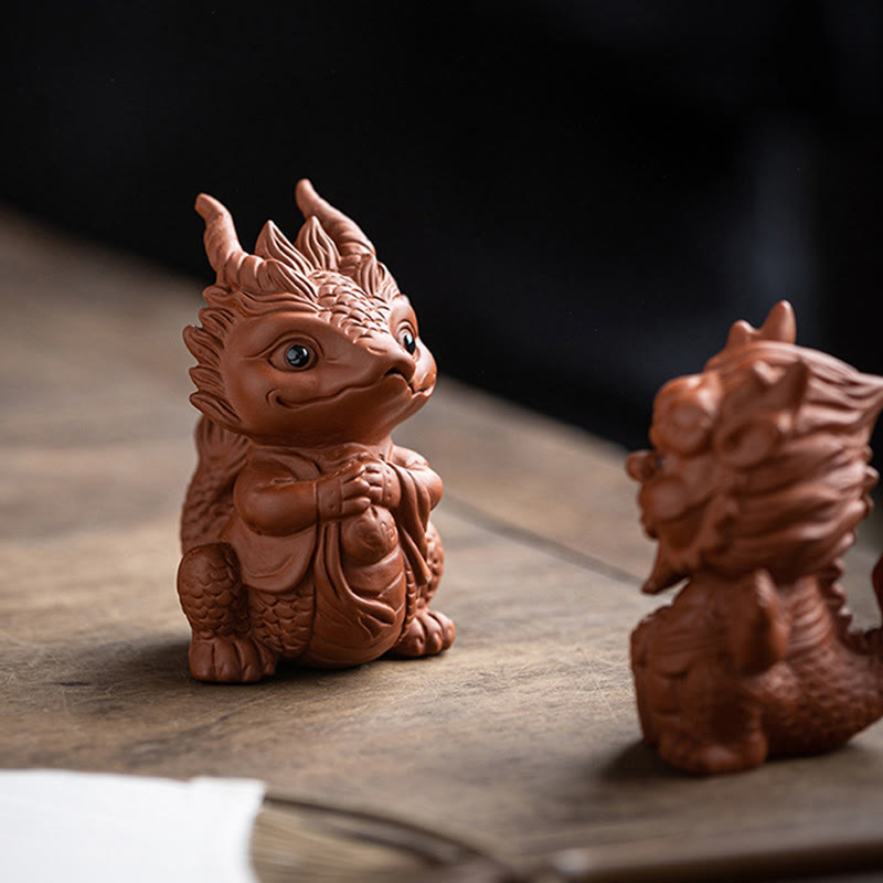 Luck Dragon Tea Pet - paired dragons on aged wood, prosperity companion set