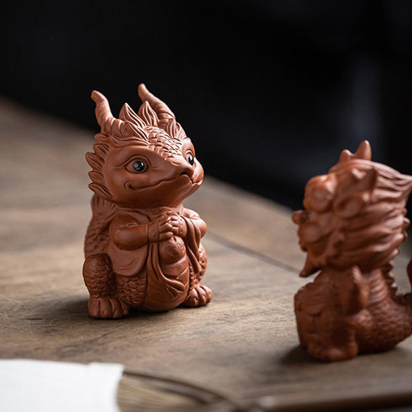 Luck Dragon Tea Pet - paired dragons on aged wood, prosperity companion set