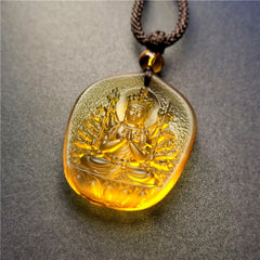 Chinese Zodiac Natal Buddha Liuli Pendant - thousand-armed Guanyin on lotus throne, honey amber, Blessing