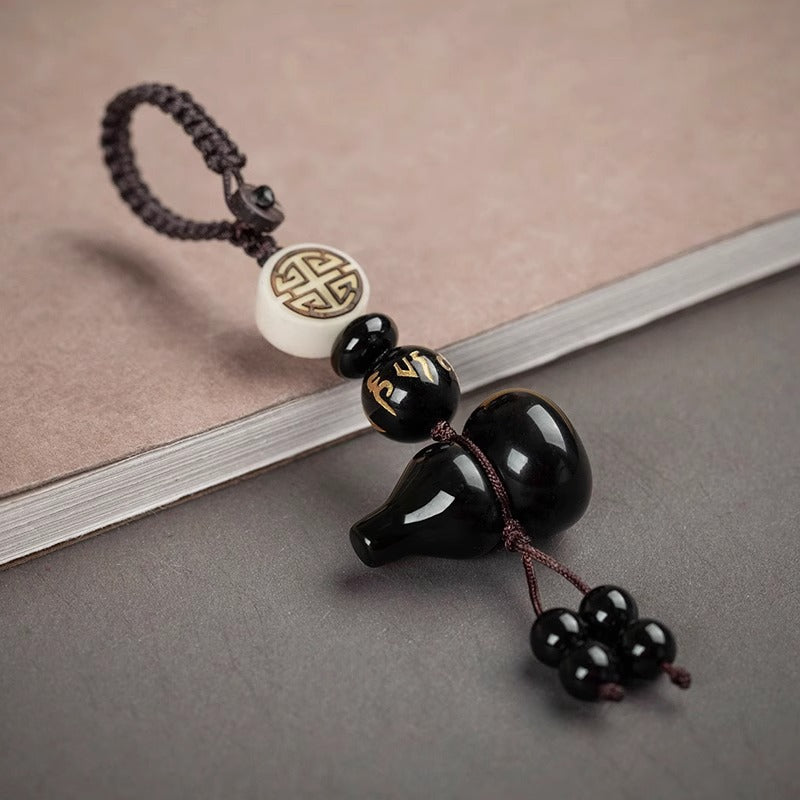 Black Obsidian Hulu Gourd Keychain – Fortune, front view, lucky charm
