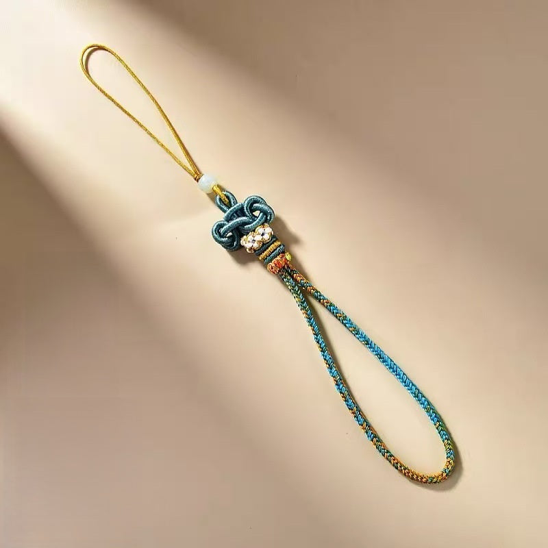 蓝绿色文昌结手机挂绳，配白玉珠和手工编织花结