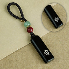 Ebony Eight Guardians talisman keychain with silver inlay for Goat and Monkey zodiac Buddhist protection