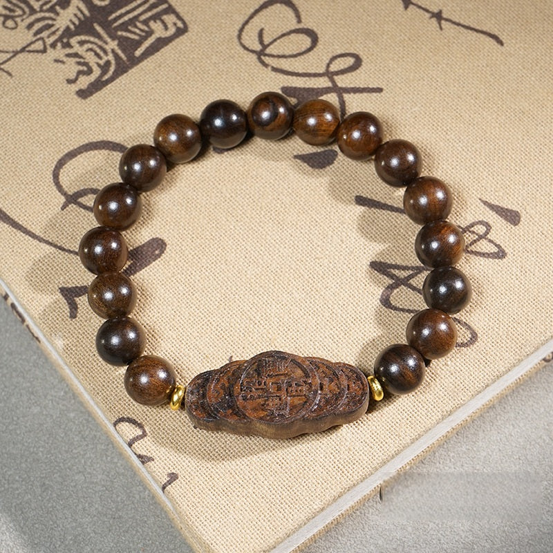 Natural Agarwood Carved Mala Bracelet – 20cm-A, front view, healing bracelet