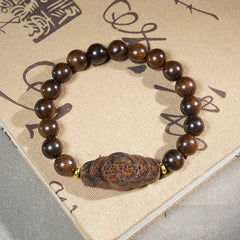 Natural Agarwood Carved Mala Bracelet – 20cm-A, front view, healing bracelet