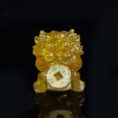 Handmade PiXiu Crystal – Yellow citrine crystal front view on black, wealth home decor