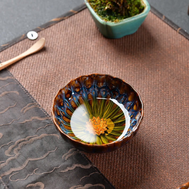 Lotus Peacock Dragon Phoenix Koi Fish Ceramic Teacup – close-up of koi fish painted detail, Chinese porcelain art