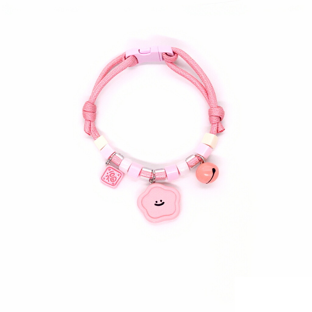 Lightweight Pet Collar – Pink double rope with smiley flower, fu tag & coral bell, kawaii necklace