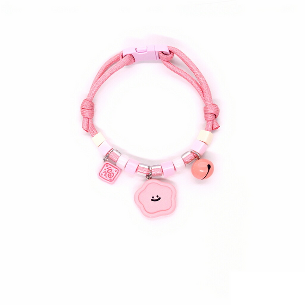 Lightweight Pet Collar – Pink double rope with smiley flower, fu tag & coral bell, kawaii necklace