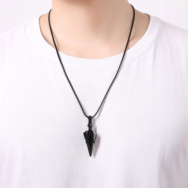 Obsidian Protection Set – arrowhead necklace model white shirt, unisex protection jewelry wear