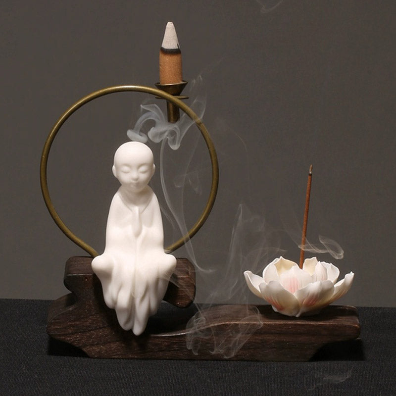 Ceramic Lotus Incense Burner – white leaning sage, brass circle, matte texture, meditate