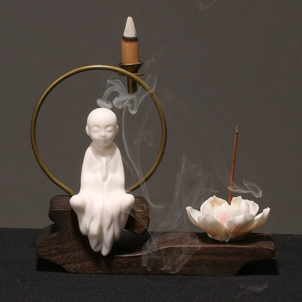 Ceramic Lotus Incense Burner – white leaning sage, brass circle, matte texture, meditate