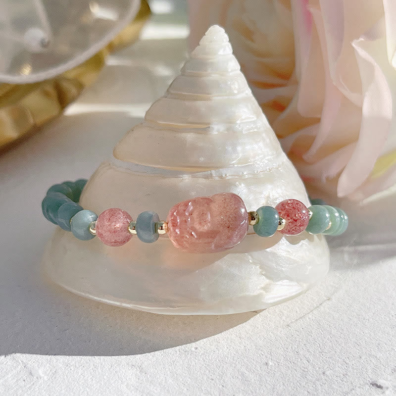 Hetian Jade Pearl Fu Gourd Money Bag Bracelet – Strawberry quartz PiXiu with jade beads on glass plate, prosperity charm