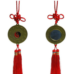 Feng Shui Bagua Map Mirror - Bagua mirror amulet with yin-yang symbol, red silk tassel and Chinese knot, front and back view.