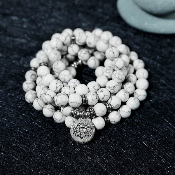 White Turquoise Lotus Mala Bracelet