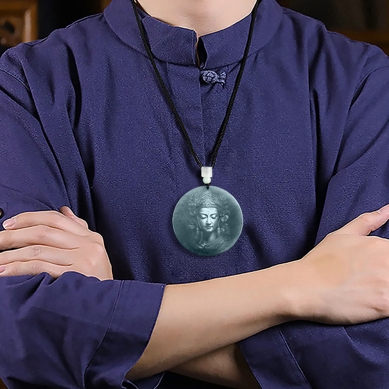 Kwan Yin Jade String Necklace – flat-lay composition showing carved jade pendant with cord and beads on dark surface, full necklace assembly, peaceful talisman
