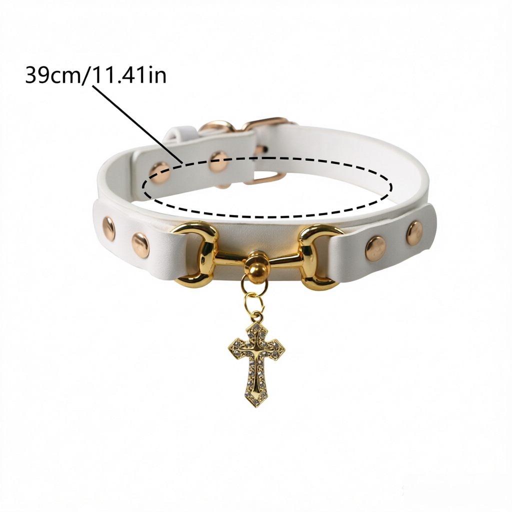 Adjustable PU Leather Dog Collar – White (Dollar), image 4, amulet necklace