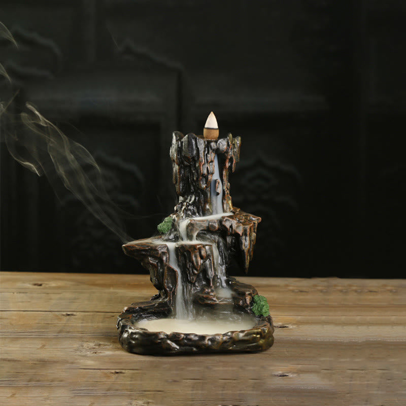 Backflow Incense Burner – glowing cone smoke on dark wood, mystical