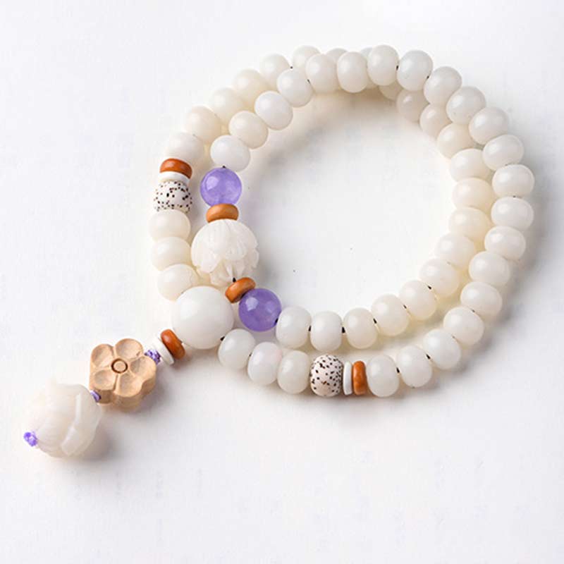 Tibetan White Jade Bodhi Lotus Blessing Bracelet | Enlightenment