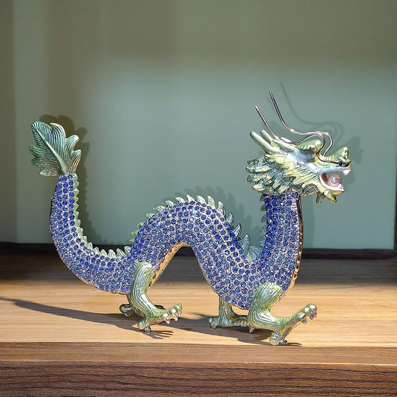Handmade Feng Shui Dragon Decoration – Cobalt blue dragon, iridescent green head, blue crystal scales, Mystical