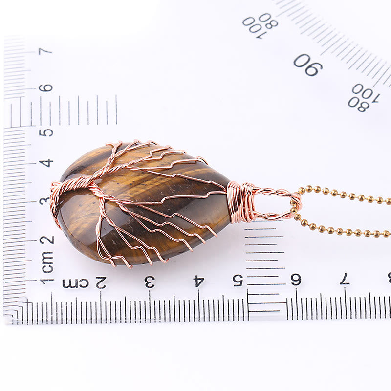 Quartz Crystal Tree of Life Necklace – tiger eye pendant with rulers, copper wire, size reference, gemstone