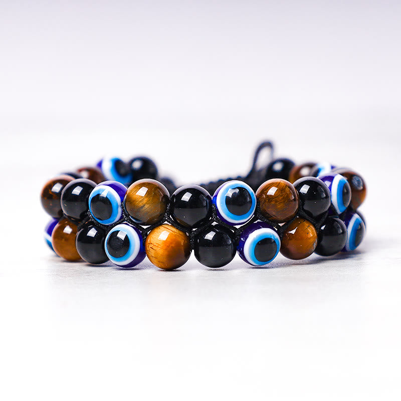 Evil Eye Tiger Eye Bracelet – double-strand golden tiger eye black beads with blue evil eye pattern