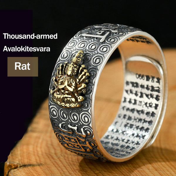 Natal Buddha Ring - Thousand-armed Avalokitesvara gold relief ring for Rat, Compassionate