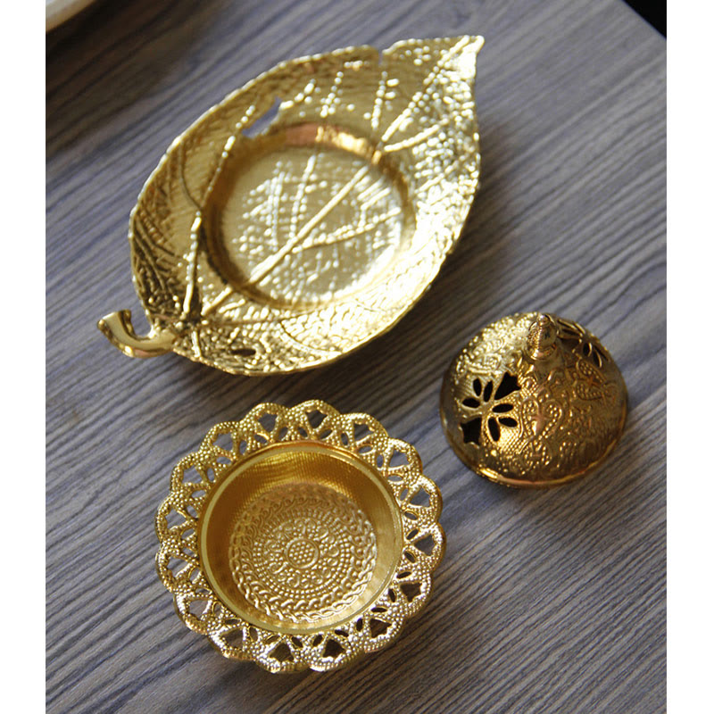 Tibetan Gold Leaf Coaster Incense Burner – Gold dome lid leaf tray and lace bowl arranged together on wood, brass burner set
