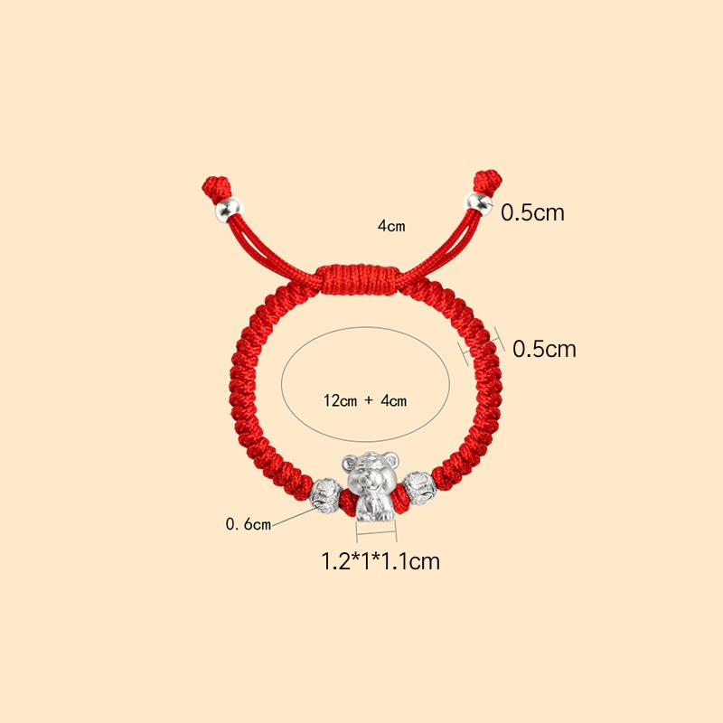 999 Sterling Silver Zodiac Red Rope Kids Bracelet - Tiger charm on red cord with beads on white, cute zodiac bracelet