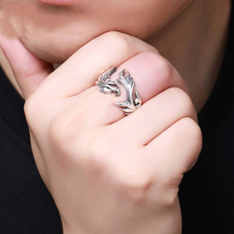 Dragon Pattern Protection Ring – dual dragon head open cuff, Fierce