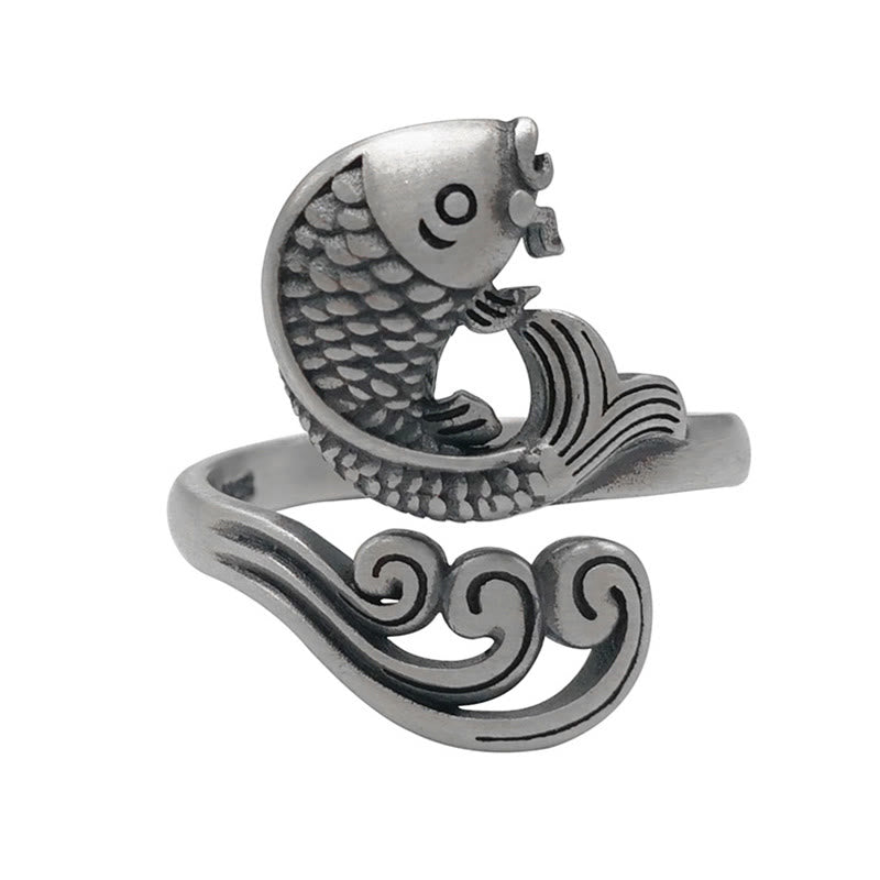925 Sterling Silver Koi Ring – ring standing upright showing full koi and water design on silver band, wealth symbol