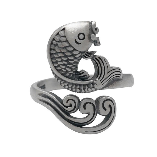 925 Sterling Silver Koi Ring – ring standing upright showing full koi and water design on silver band, wealth symbol