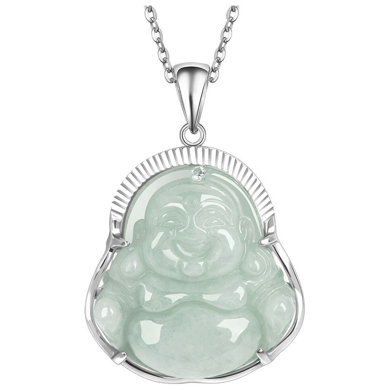 Jade Laughing Buddha Necklace - straight-on studio shot of jade Buddha with sunburst silver frame and chain, prosperity
