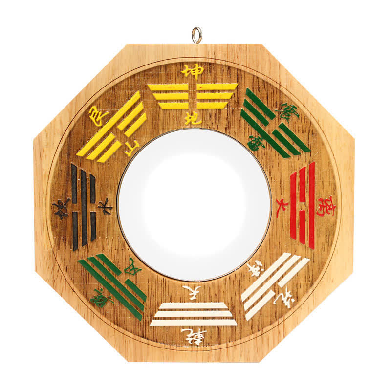 Peach Wood Bagua Mirror - detailed bagua trigram arrangement with Chinese characters, feng shui wall decor