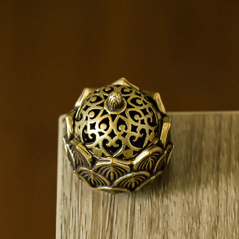Tibetan Lotus Copper Incense Burner – Close-up filigree openwork dome, lotus petal tiers