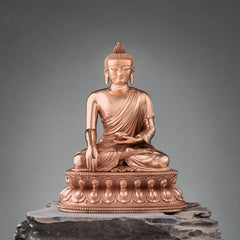 Shakyamuni Copper Statue – front view of seated Buddha in meditation pose with golden patina, zen decor