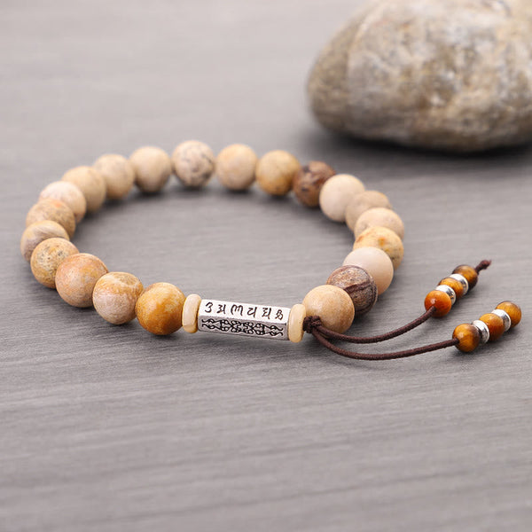 Weathered Stone Om Mani Padme Hum Bracelet – stone bead bracelet with engraved mantra cylinder, zen spiritual jewelry