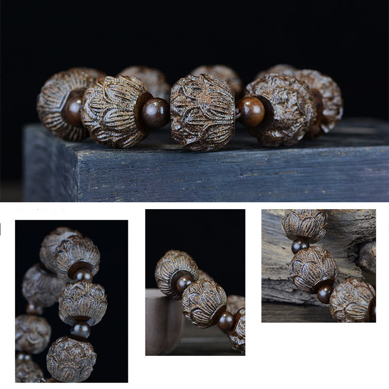 Ebony Wood Eighteen Arhats Lotus Dragon Bracelet - Drum beads with Arhat carvings upright, Buddhist Wisdom