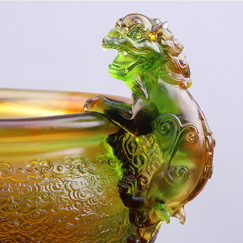 Liuli Crystal PiXiu Bowl – Side view of green amber liuli PiXiu handle on treasure bowl