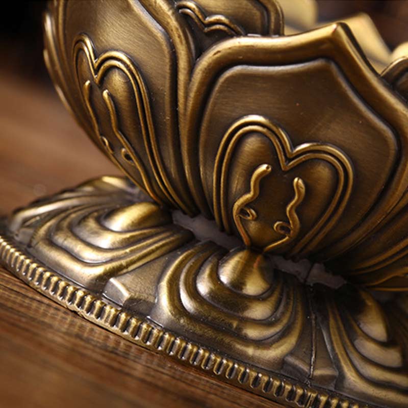 Lotus Shaped Incense Burner - Dark bronze censer with crane deer lid detail inset, Longevity symbols